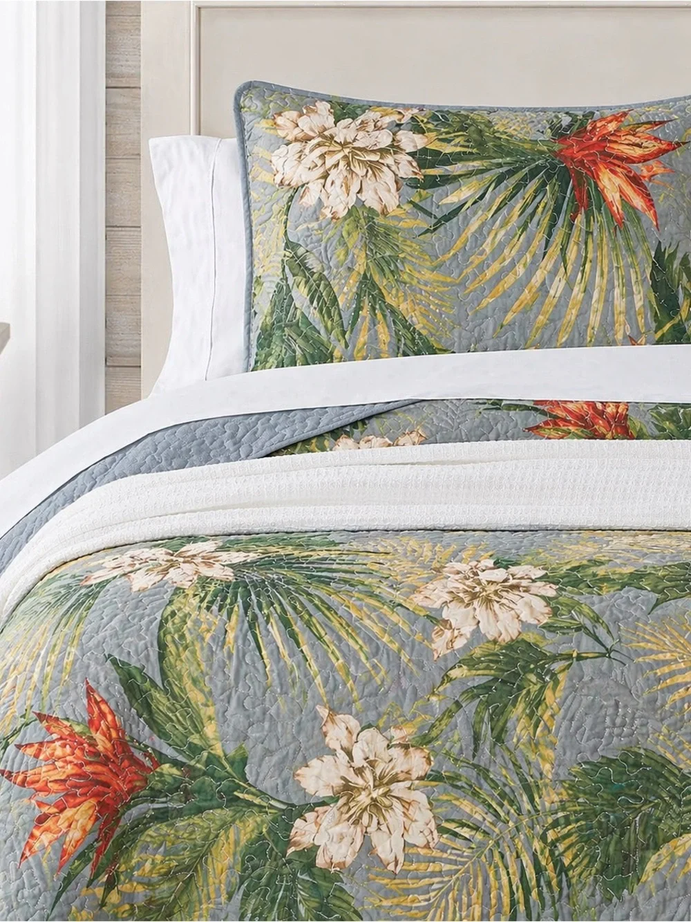 Tropical Floral King Quilt Set Botanical Palm Coastal Bedding NWT